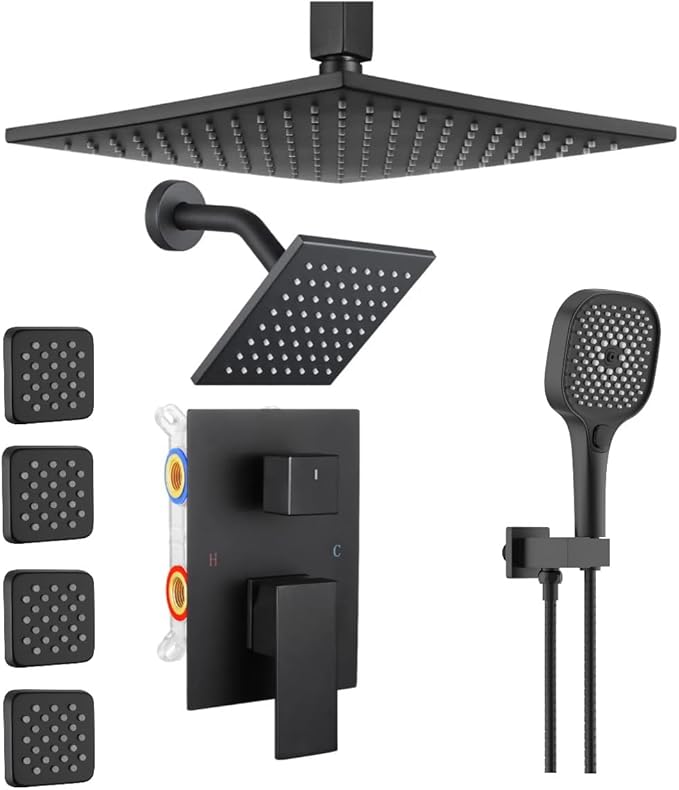 Shower System Matte Black, Push Button Diverter Shower Faucet with 3 in 1 Handheld, Ceiling Mount 12 Inch Shower Head with 6 Inch Wall Mount Shower Head