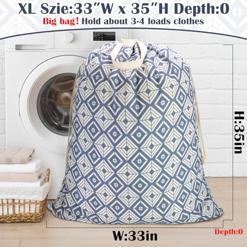 Canvas Laundry Bag with Handles & Drawstring, XL 33"Wx 35"H, Geometry Blue - Image 2