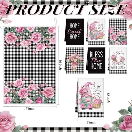 VitalCozy 6 Pcs Pink Rose Kitchen Towels Set Black and White - Image 3