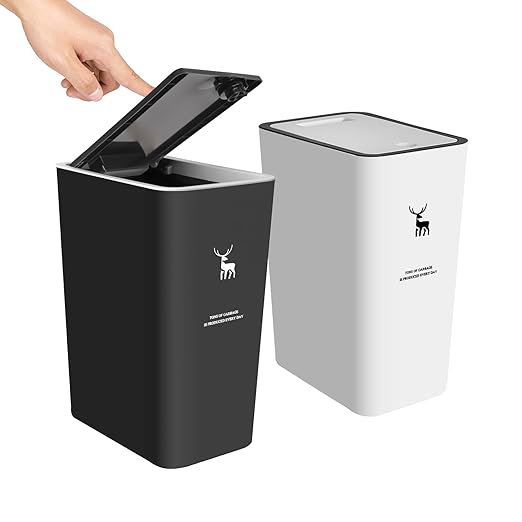 XPIY Trash Can with Lid, 2 Pack 4 Gallons/15 Liters Garbage Can with Press Top, Small Trash Can Dog Proof, Plastic Trash Bin, Waste Basket for Bathroom|Kitchen|Bedroom|Office (1, Blackwhite)