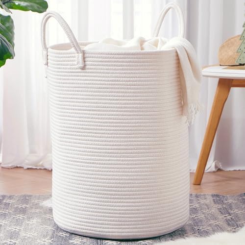 80L Large White Laundry Hamper Basket Woven Rope Tall Hamper by MOJOSCEND
