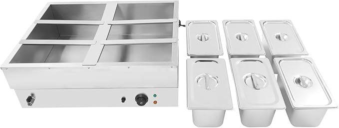 DYNAMI 110V 1500W Commercial Buffet Food Warmer,Large Capacity 6 Pan(1.8Gal*6) Stainless Steel Soup Warmer Electric Countertop Steam Table w/Intelligent Thermostat Design,for Parties Buffet Catering
