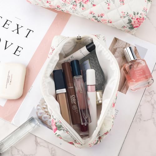 2Pcs Quilted Cotton Makeup Bag Large Travel Makeup Pouch Small Brush Holder Set - Image 6