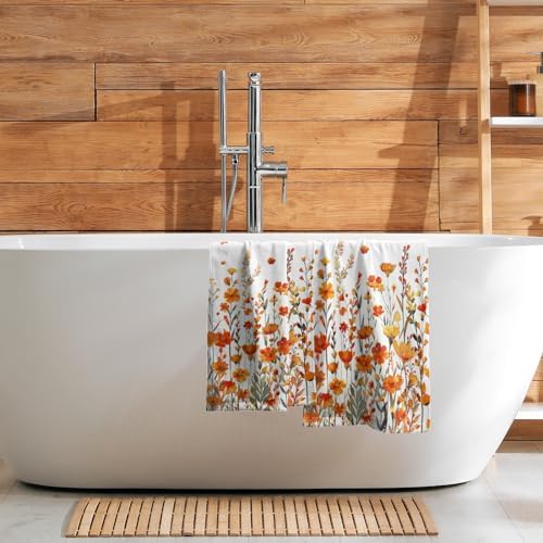 Watercolor Orange Daisy Hand Towels Fall Yellow Wildflowers Leaves Plant - Image 7