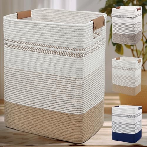 Laundry Hamper, 85L Cotton Rope Laundry Basket, Jute & White by DOFASAYI