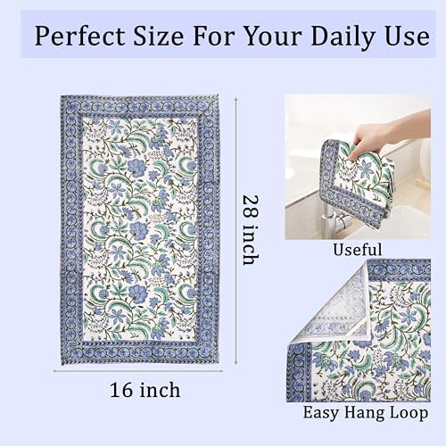 Ridhi Columbia Blue Hand Block Print 100% Cotton Kitchen Towels, 16x28 Inch - Image 4