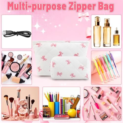 2Pcs Small Makeup Bag Quilted Cosmetic Bag Flower Pencil Case Travel Makeup Bag - Image 4