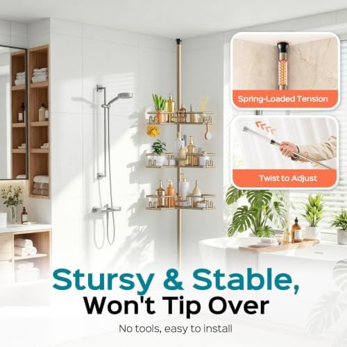 HAMITOR No-Drill Shower Rack, 4-Tier Corner Rustproof Tension Pole - Image 4