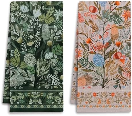 Boho Botanical Floral Kitchen Towels, Retro Art Nouveau Flower Dish Tea Towels by Unknown
