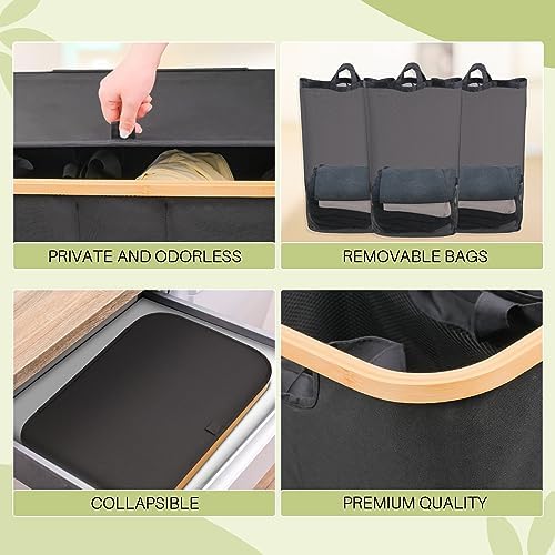 160L Laundry Hamper with Lid, 3 Section Laundry Basket with 3 Removable Bag - Image 6