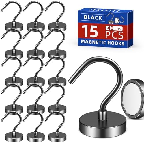 15 Pack Magnetic Hooks Large Opening, 40LBS Neodymium Magnet Hooks by Junarter