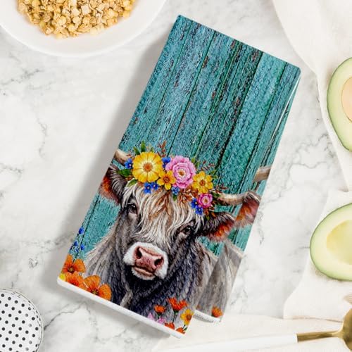 Jztco 2 Pcs Cow Kitchen Towels, Rustic Flower Soft Absorbent Hand Towels - Image 3