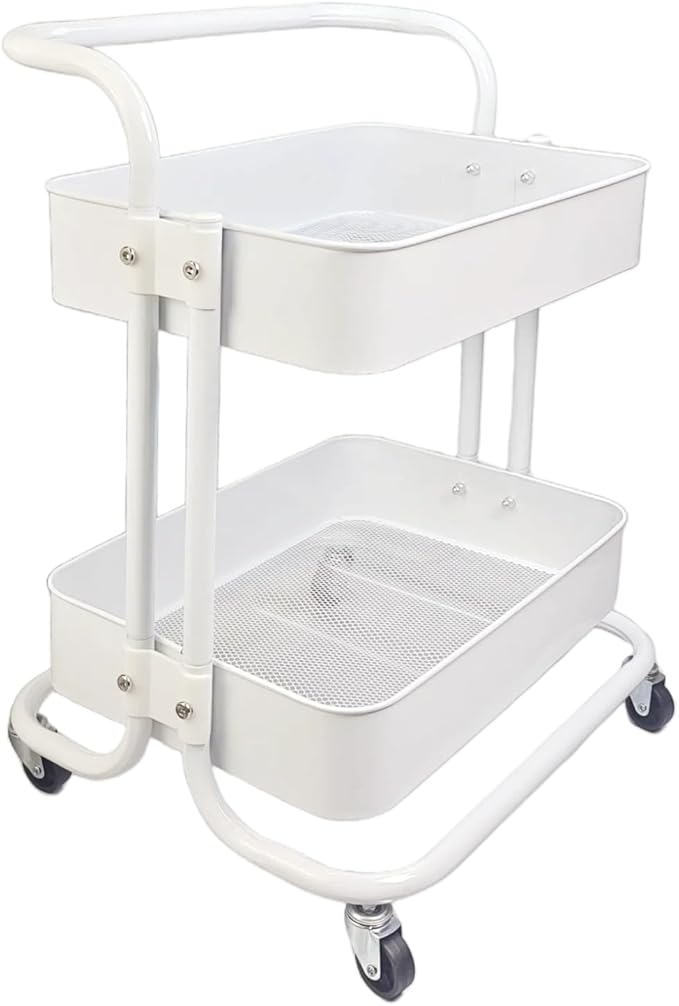 2 Tier Cart with Wheels Under Desk Storage with Handle, Metal Rolling Pantry Cart for Kitchen White Small Rolling Basket for Laundry Room Bathroom, Utility Shelf Organizer for Small Space