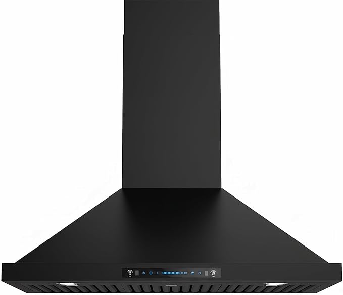 JOCO 36 Inch Black Wall Mount Range Hood, 900 CFM Stainless Steel Kitchen Chimney Vent Hood, Convertible for Ducted or Ductless Installation, 4-Speed Gesture/Touch/Remote Control P02-36G-B