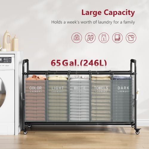 Tajsoon Laundry Sorter, 5 Section Laundry Hamper, Laundry Cart - Image 3