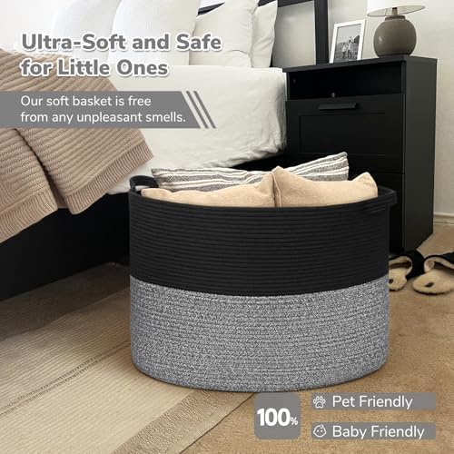 INDRESSME 115L Extra Large Woven Rope Blanket Basket Living Room Black Grey - Image 5