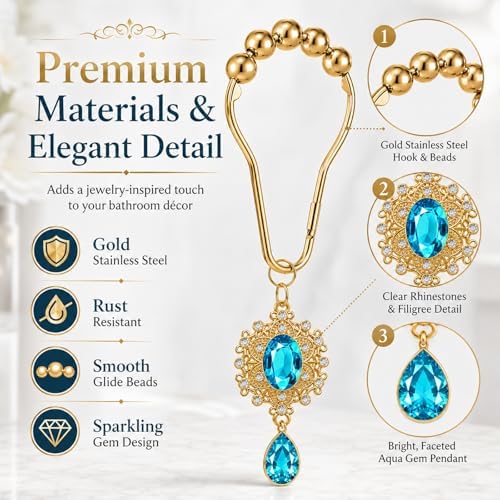 12PCS Aqua Blue Gem Shower Curtain Hooks, Elegant Bathroom Decor - Image 2