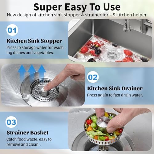 3-in-1 Kitchen Sink Drain Strainer : Pop Up Sink Stopper, 304 Stainless Steel - Image 6