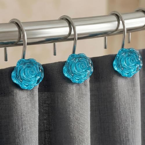 Teal Blue Rose Shower Curtain Hooks: Turquoise Aqua Flower Rings - Image 2
