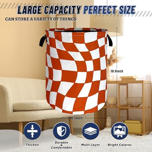 Orange Checkerboard Laundry Basket Oxford Cloth Foldable Hamper 18.9x16.5In - Image 3