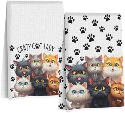 Jztco 2 Pcs Funny Cat Kitchen Towels, Cute Cat Gifts Reusable Hand Towels by Jztco