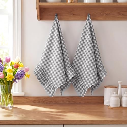 HunnmingRe 2 Pcs Gray Gingham Kitchen Towels Cotton Ruffled - Image 5