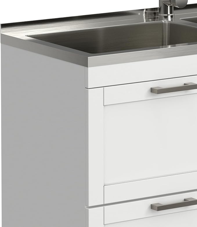 SIMPLIHOME Hennessy All-in-One 46 inch Wide Utility Sink and Laundry Cabinet in Pure White Finish, Transitional Stainless Steel Dual Sink Cabinet for Laundry Rooms with High-Arch Chrome Faucet