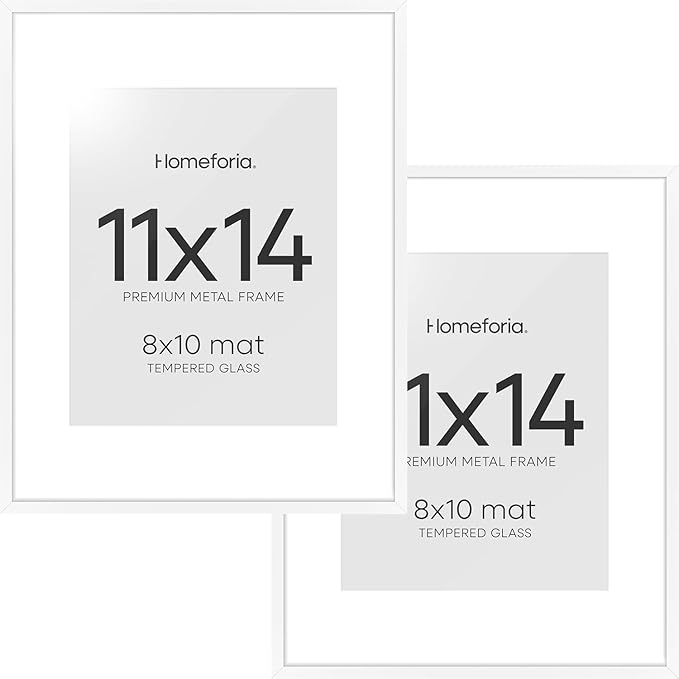Homeforia White 11x14 Picture Frame, High End Metal 11x14 Poster Frames with Mat 8x10, 11 x 14 White Frame Matted to 8 x 10 inch Photo, 11 by 14 Thin Hanging Frames, Tempered Glass, Wall Kit, Set of 2