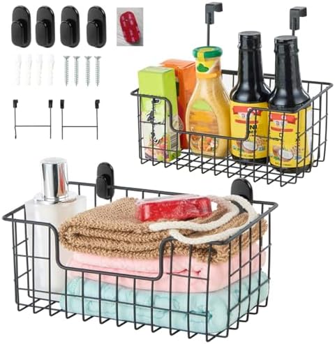 JUNCHU CHERRY Wire Storage Basket 2 Packs, Wall Mounted Kitchen Bathroom by JUNCHUCHERRY