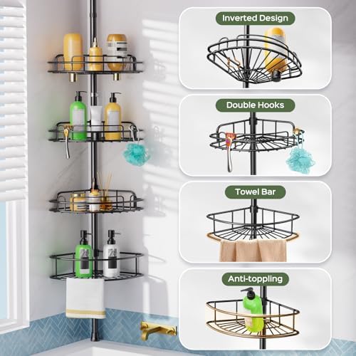 HAMITOR Corner Shower Caddy Tension Pole: No-Drill Rustproof Bathroom Shelf - Image 5