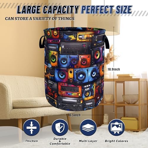 Retro Radio Tape Laundry Basket Oxford Cloth Foldable Hamper 18.9x16.5 Inch - Image 3