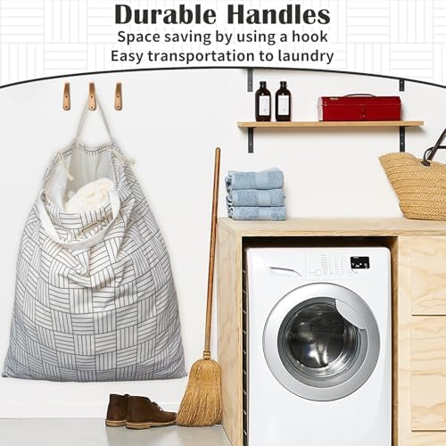 Canvas Laundry Bag with Handles & Drawstring, XL 33"Wx 35"H, Geometry Grid - Image 4