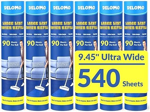DELOMO 9.45” Large Lint Roller Refills, 6 Racks, 540 Extra Sticky Sheets by DELOMO