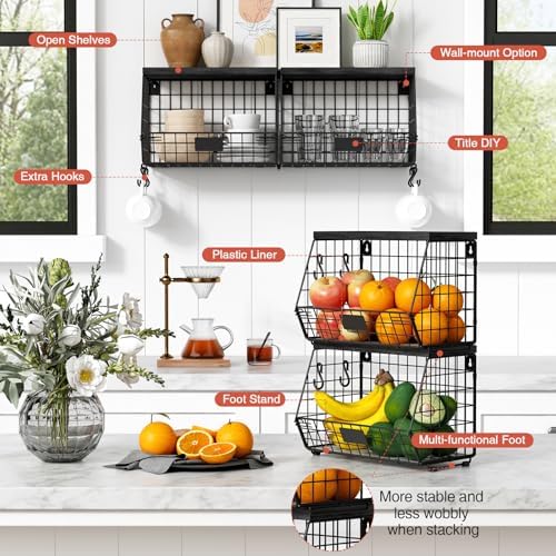 Goozii Black Kitchen Wall Hanging Storage Basket Set of 2, Rustic Stackable - Image 6