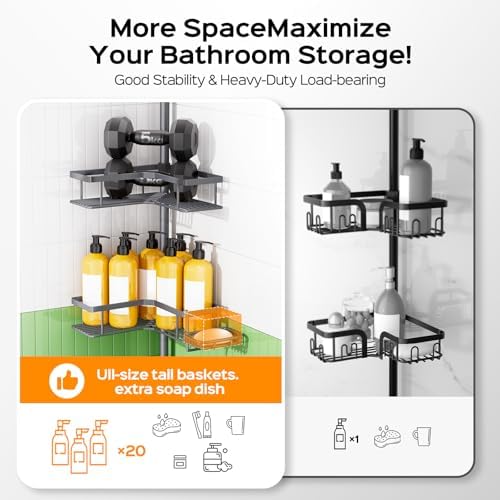 HAMITOR Corner Shower Caddy, 4-Tier Shampoo Shelf Tension Pole, 47-123 inch - Image 5