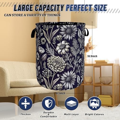 Vintage Floral Laundry Basket Oxford Cloth Foldable Hamper 18.9x16.5 Inch - Image 3