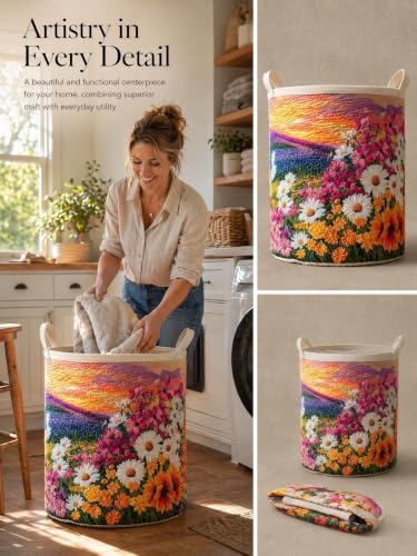 Quilted Laundry Basket with Handles, Boho Floral Quilted Storage Hamper - Image 3