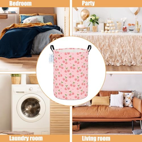 Round Laundry Basket Collapsible Storage Hamper Organizer Pink Cherry - Image 3