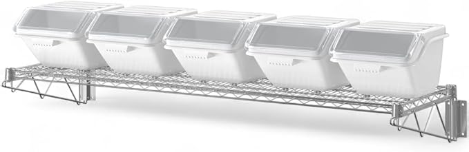 18" x 60" Chrome Wall-Mounted Wire Shelf Kit with Clip-in Ingredient Storage Bins, Heavy-Duty Steel Rack, Supports up to 600 lb, Flip-Top Lids, Open-Wire Design for Kitchen/Prep/Storage