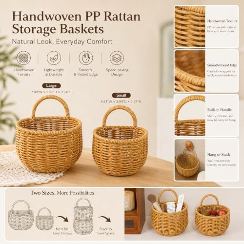 2 Pack Rattan Hanging Storage Baskets Wall Organizer - Image 2