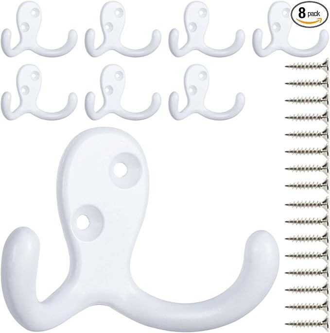 IBosins 8 Pack White Double Prong Coat Hooks Wall Mounted by IBosins