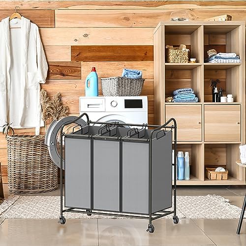 Simple Houseware Heavy Duty 3-Bag Laundry Sorter Rolling Cart, Dark Grey - Image 7