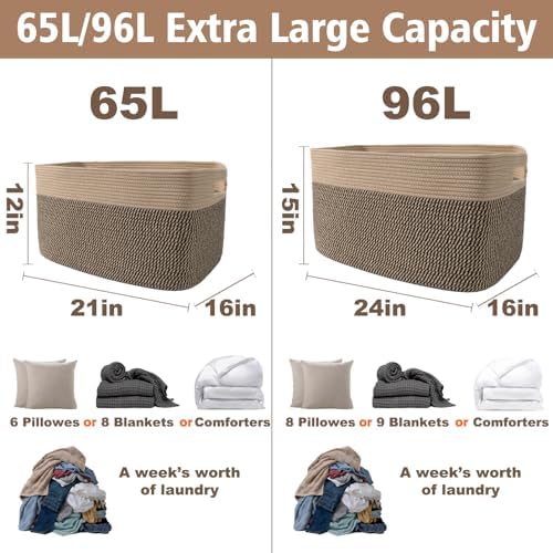 JMvicyroam 65L Large Woven Cotton Rope Blanket Basket, Jute&Black - Image 3