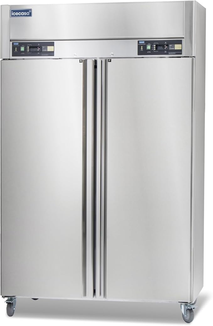 ICECASA 48" W Commercial Refrigerators and Freezer Combo Reach-in 36 Cu.ft 2 Solid Door Stainless Steel Refrigerators and Freezer Combo Fan Cooling for Restuarant, Bar, Shop, etc