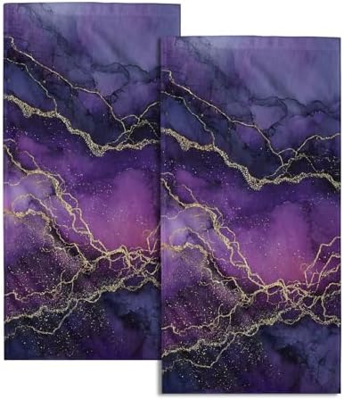 Purple and Gold Marble Kitchen Towels Set of 2 Abstract Ink Texture Soft by Granbey