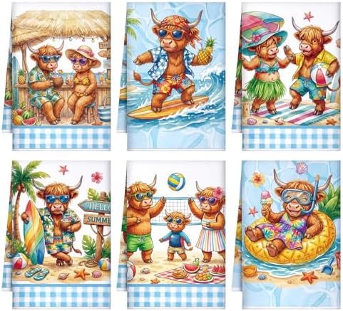 Bencailor 6 Pcs Summer Sea Highland Cow Kitchen Towels Decorative Sets Dish Tea by Bencailor