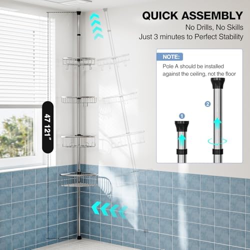 Corner Shower Caddy Tension Pole 4-Tier 47-121 Adjustable Stainless Steel - Image 6