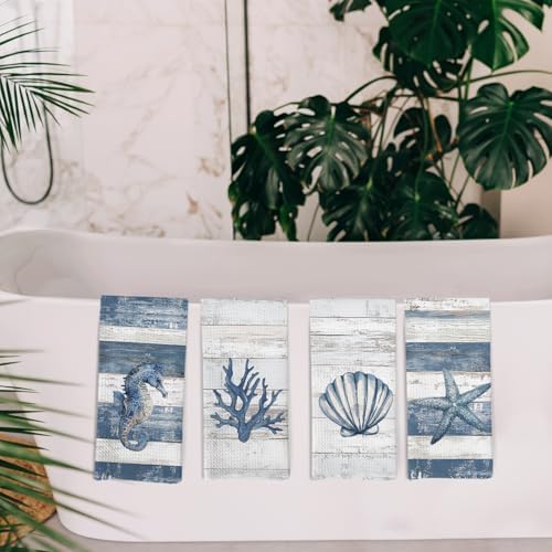Beach Coastal Kitchen Towels and Dishcloths Set of 4, Nautical Beachy Seahorse - Image 5