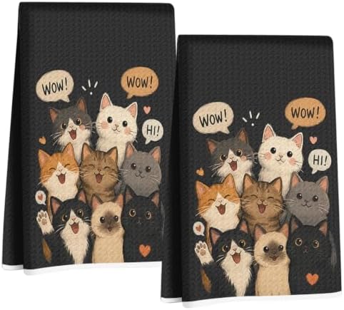 Jztco 2 Pcs Cute Cat Kitchen Towels, Cats Gift Reusable Hand Towels by Jztco