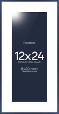 Homeforia 12x24 Navy Blue Picture Frame, High End Metal 12x24 Poster Frames with Mat 8x20 Photo, 12 x 24 Navy Blue Frame Matted to 8 x 20 Art, 24x12 Panoramic Frame, Tempered Glass, Wall Kit, Set of 1